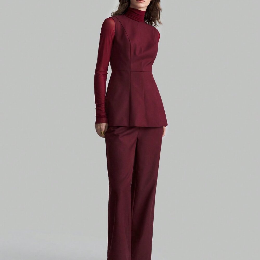 Burgundy  Wine Red Sexy Women's Elegant mesh turtlenck Top - Picture 5 of 8